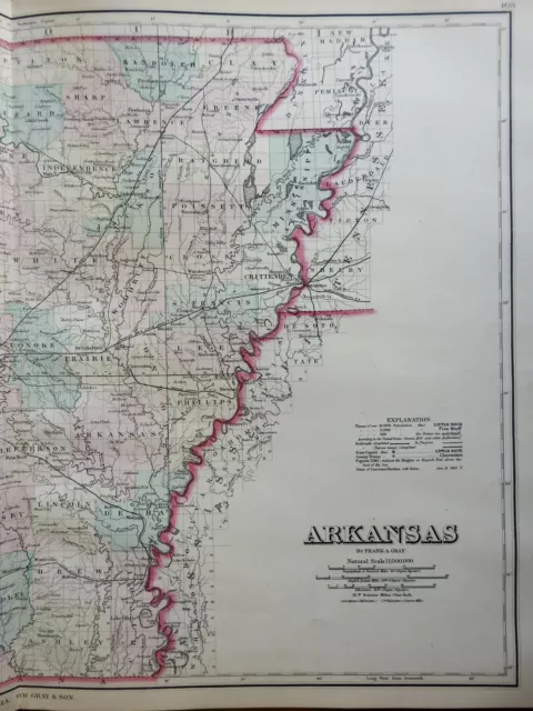 Arkansas state map Little Rock 1876-9 O.W. Gray color fine large map 3