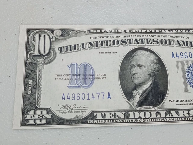 Nice 1934 $10 Ten Dollar Silver Certificate Note Blue Seal, A76 2