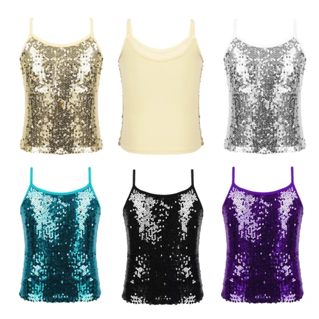 Kids Girls Shiny Sequins Cami Tank Top Dance Party Performance Costume Vest Top