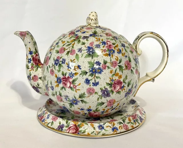 Vtg Pre-1960 Royal Winton Grimwades Ivory Old Cottage Chintz Teapot & Tea Tile