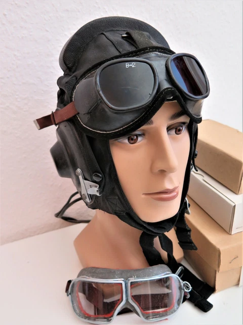 Sowjetunion UDSSR Russland Piloten Helm Kabrio mit zwei Brillen Leder