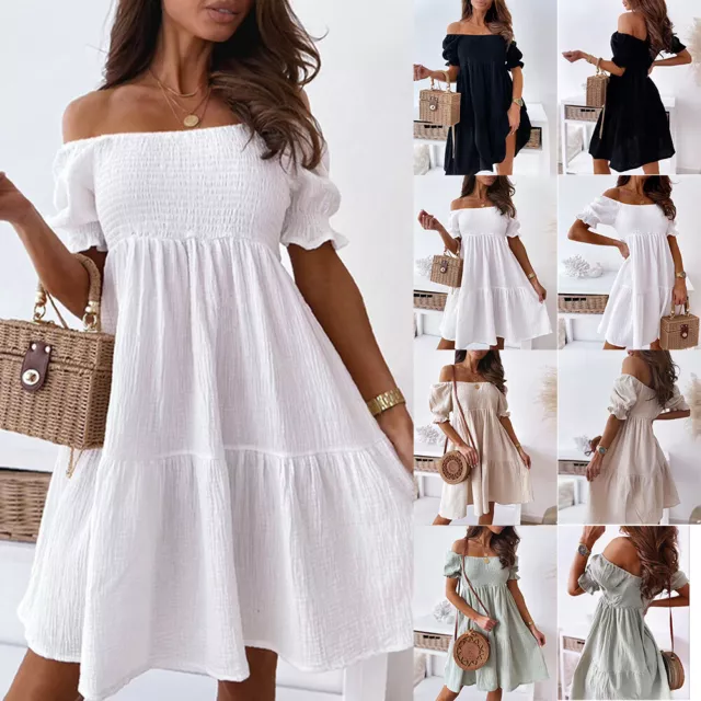 Summer Girls Off Shoulder Ruffles Short Sleeve Mini Dress Casual Swing Dress 3