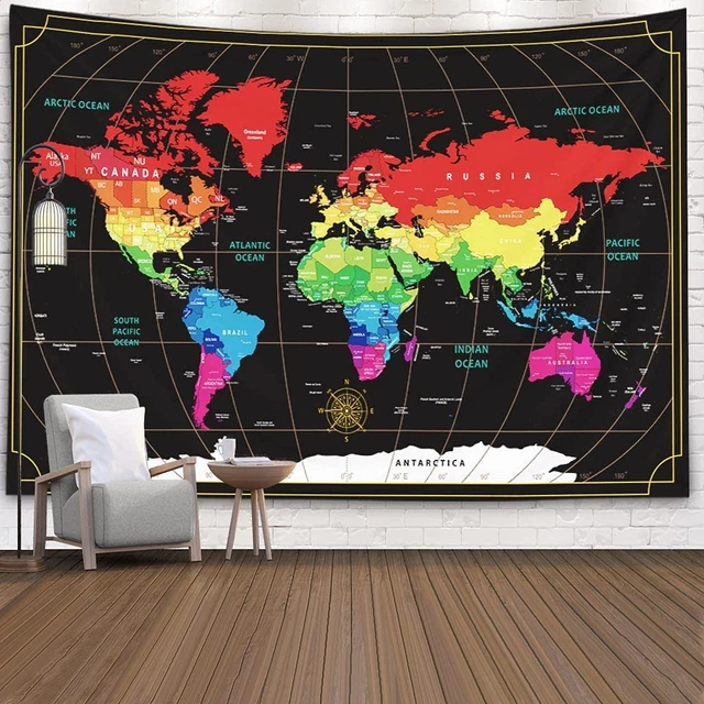 World Map Wall Tapestry, Wall Hanging Decor Wall Art Hanging Dorm World Map Larg