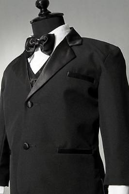 BOYS Tuxedo suit Black Satin trim wedding Christmas Holiday Bow tie vest pants
