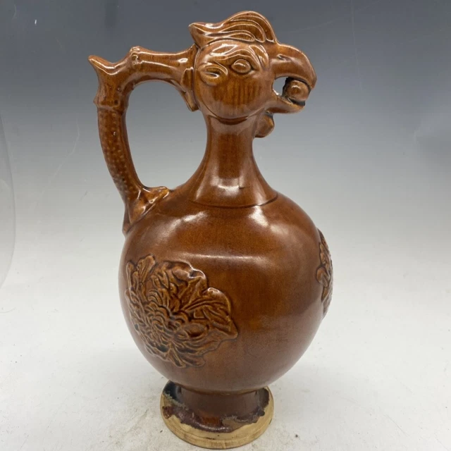 11.0" old antique liao dynasty tricolor monochromatic glaze handled ewer