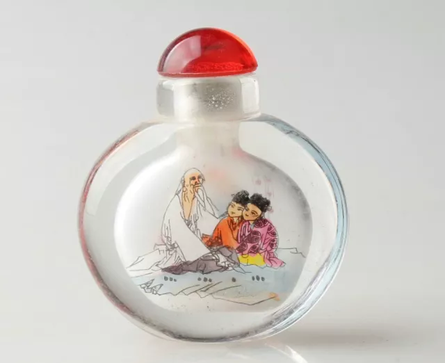 53MM China Inside Painting Glass 'Baby The Aged' Snuff Bottle H4
