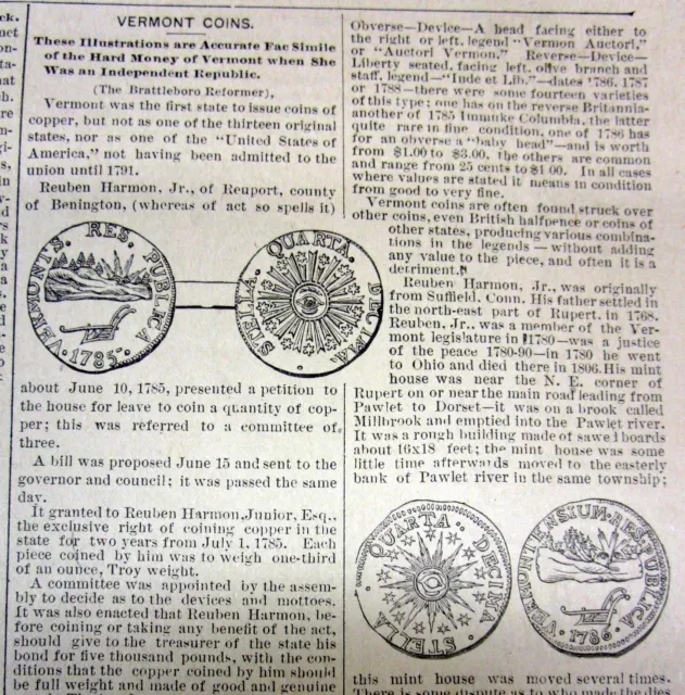 1891 newspaper w Numismatics EARLY VERMONT COINS w ENGRAVINGS & long DESCRIPTION
