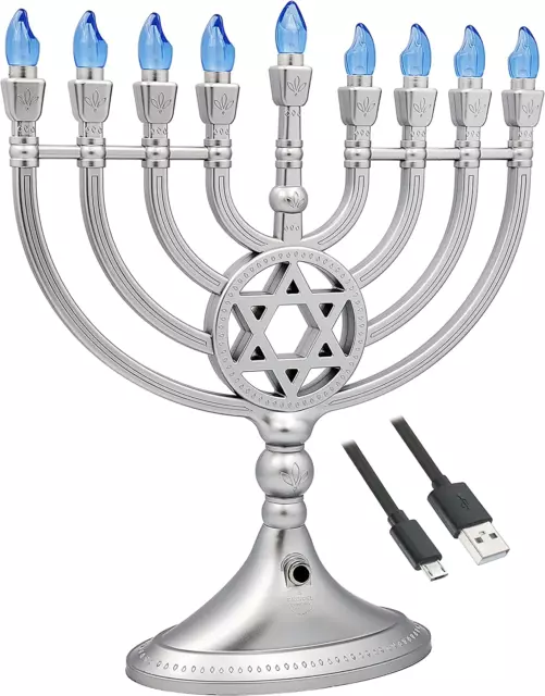 The Dreidel Company Traditional LED Electric Silver Hanukkah Menorah with Crysta