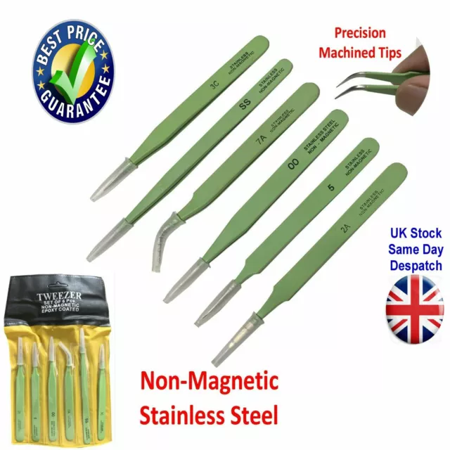 Epoxy Coated 6pc Stainless Steel Tweezer Non-Magnetic Electronic Industry UK