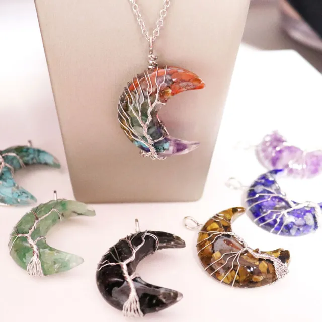 Pendant Crescent Moon Shape Natural Crystal Chakras Tree of Life Necklace Gift