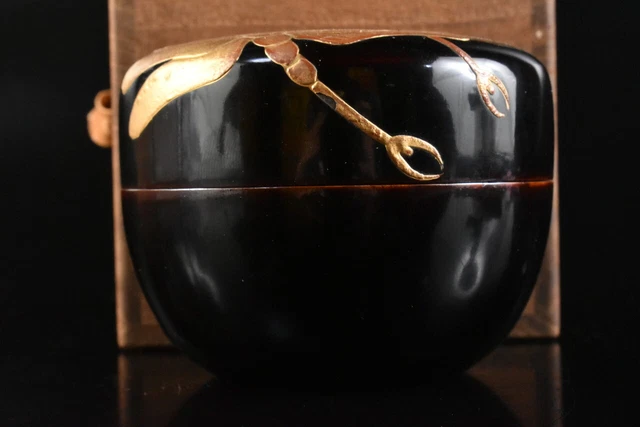 M1648: XF Japanese Wooden Lacquer ware Dragonfly TEA CADDY Natsume w/box