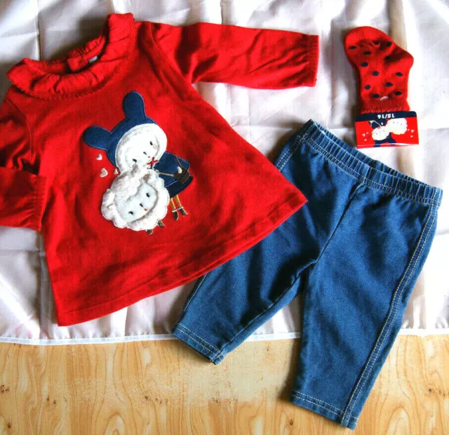 ENSEMBLE 3 PIECES TUNIQUE jeans CHAUSSETTE 3 MOIS FILLE BEBE NEUF petit mouton