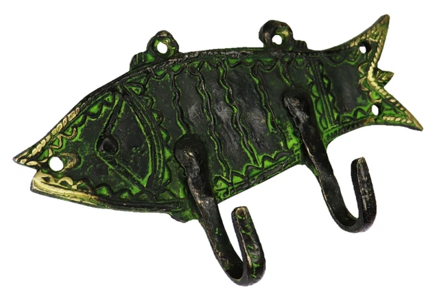 Fish Shape Antique Victorian Style Handcrafted Solid Brass Wall 2 Hook Hanger