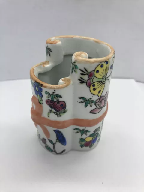 Chinese Porcelain Small Vase or Pot Brush Floral Fruit Design Singed 3.5” Tall 2