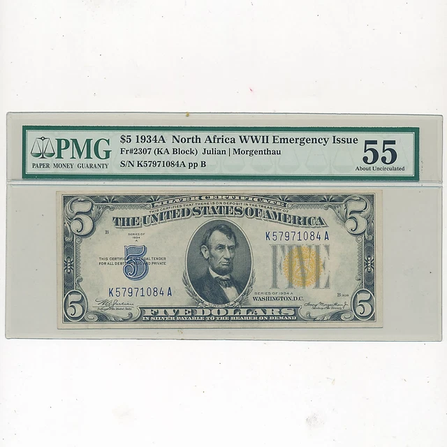 1934 A $5 North Africa Emergency Issue Silver Certificate~ Pmg Au55 ~ Ships Free