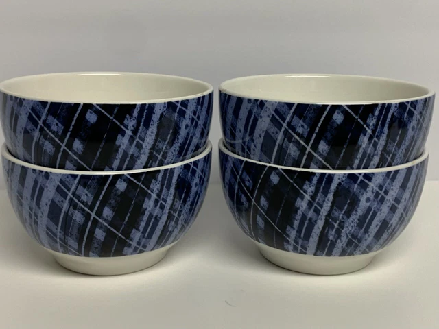Set of 4 First Snowfall Cereal Soup Bowls Canterbury Stoneware Plaid White Blue