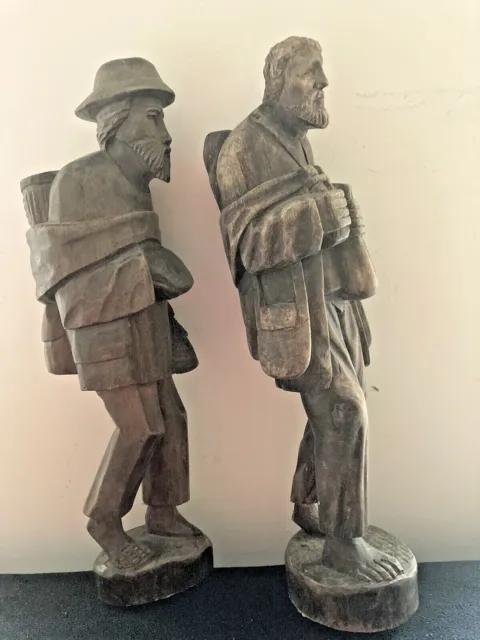 Nice HandCarved Wooden 2 Men With  Backpacks Mexican Folk Art 16.5”X4.” Rustic