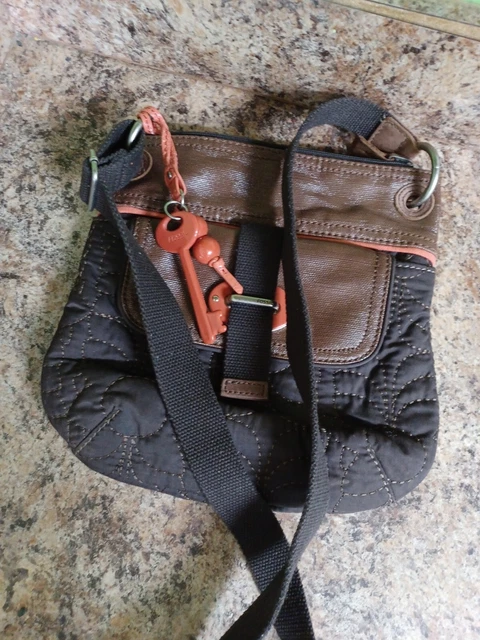 New Fossil Key-Per Brown Quilted Crossbody Purse Bag Brown & Peach Accents