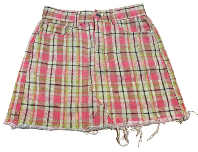 Momokrom Pink Multi Check Short Mini Skirt 6/8 (B12) Distressed Festival Pockets