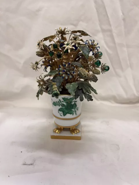 Herend Hungary Gold Claw Feet Green Bouquet Vase With Metal Flowers In Vase