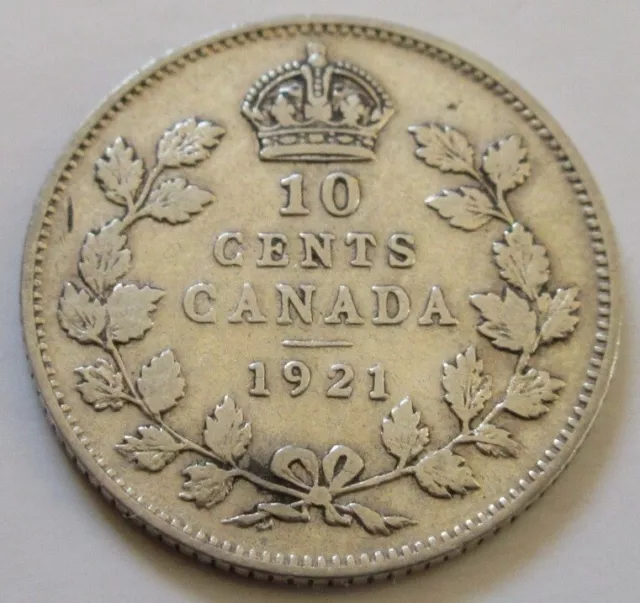1921 Canada Silver Ten Cents Coin (BETTER GRADE Dime RJ18)