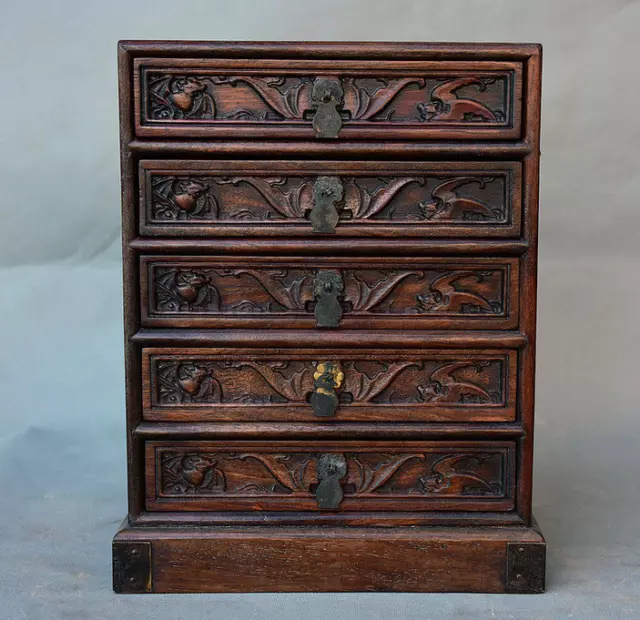 11.6" Old Chinese Dynasty Huanghuali Wood Bat Peach 5 Drawer chests of drawers