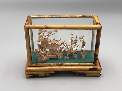 Vintage 3-D Chinese Hand Carved Cork Glass Enclosed Diorama Art Sculpture