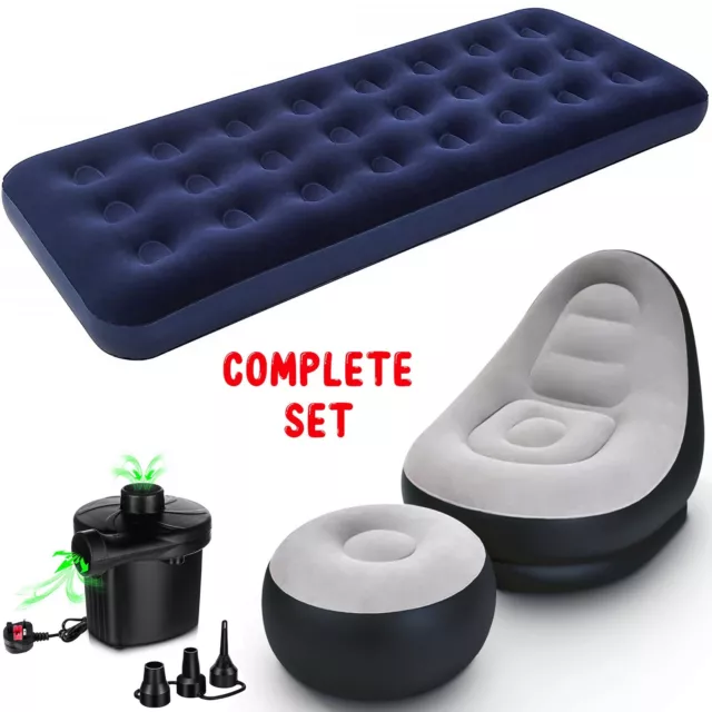 Inflatable Single Air bed & Deluxe Lounger Ottoman Couch Gaming Chair Foot Stool