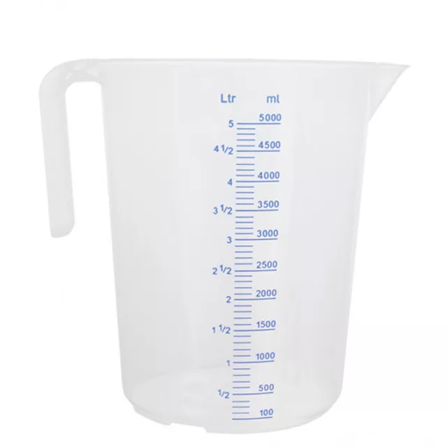 Messbecher 5 Liter mit geprägter Skala und blauer Schrift