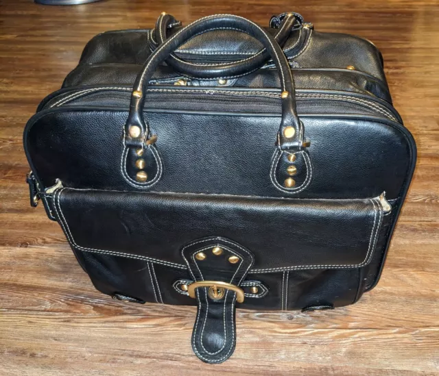 FRANKLIN COVEY BLACK leather wheeled carry on travel bag 84.32