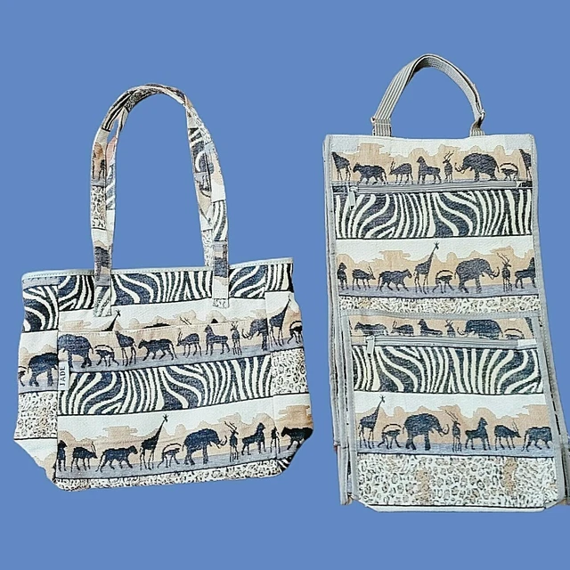 Jade Tapestry African Safari Travel Rolling Tote Bag w/ Wheels AND Shoulder Bag