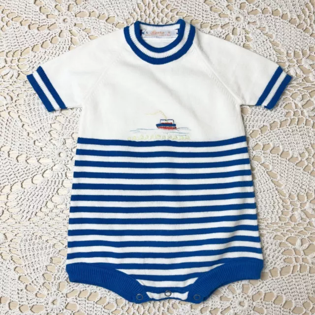 Vintage 1970s Renzo Baby Boy 12-18 Months Blue Striped Ship Knit Short Romper