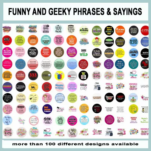 100 Precut FUNNY PHRASES SAYINGS Geeks BOTTLE CAP CHARM TRAY IMAGES 1 inch round