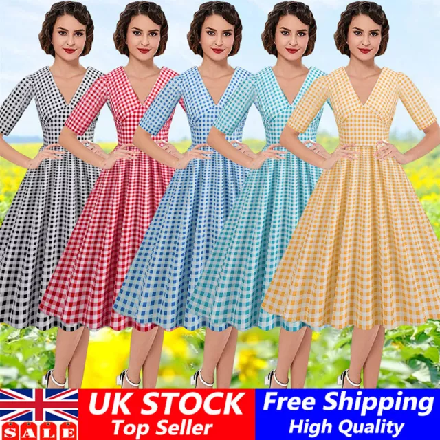 Women Retro 50s/60s Rockabilly Polka Dot Cocktail Party Swing Housewife Dress UK