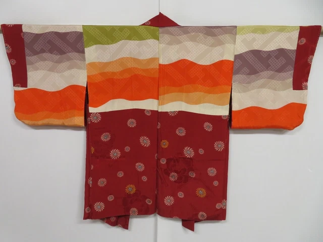 1007i03z390 Vintage Japanese Kimono Silk HAORI Dark red Peony