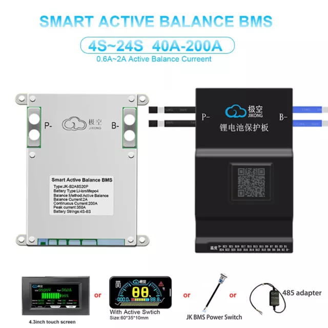 JK Smart BMS w/1A Active Balance 8S-24S 60A-200A LiFePo4 Li-ion Battery Pack BT