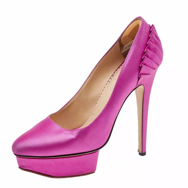 Charlotte Olympia Pink Satin Paloma Fan Pleat Platform Pumps Size 38.5