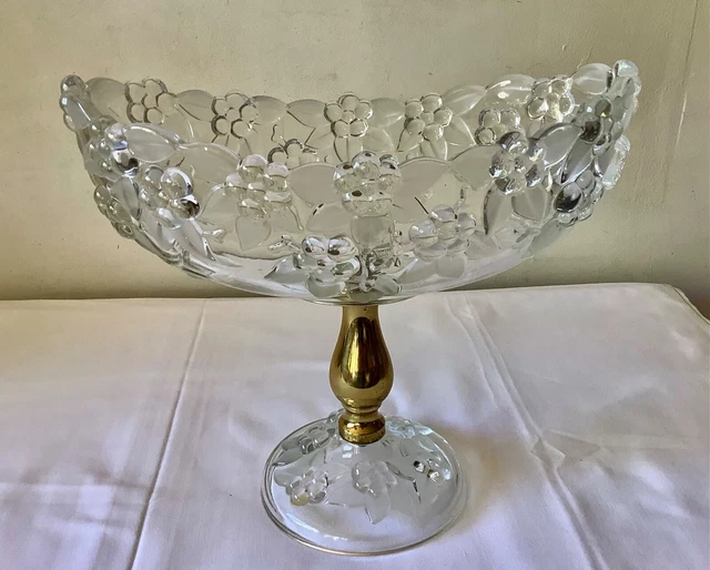 SUPERBE CENTRE DE TABLE COUPE OVALE en VERRE MOULÉ & LAITON DORE