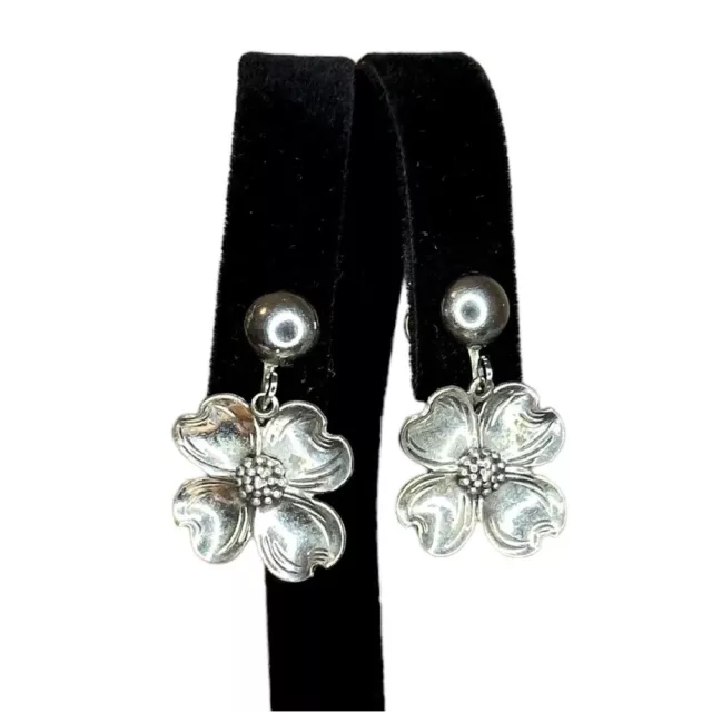 Vintage Sterling Silver Dogwood Flower Dangle Screw Back Earrings