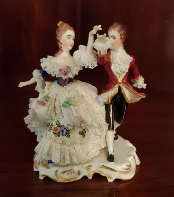 Vintage Mueller Volkstedt Dresden Porcelain Lace Figurine Man & Woman Dancing