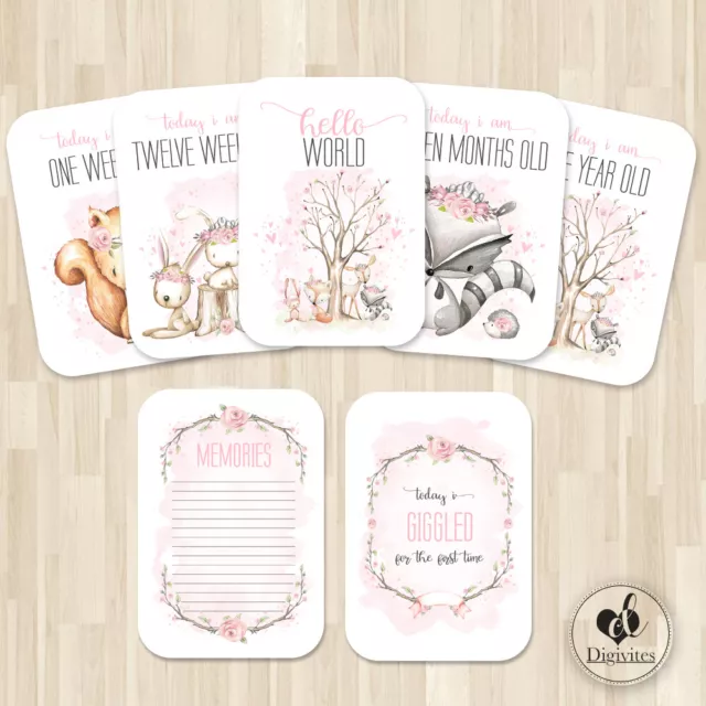 Baby Girl Milestone Cards, Floral Boho Woodland Photo props, 40 cards, 250gsm