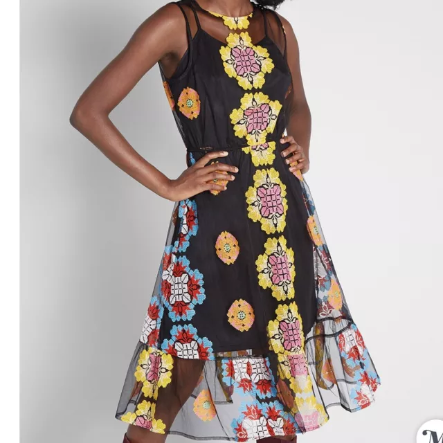 ModCloth Size XXS Follow My Lead Embroidered Midi Dress Floral Black Yellow 3