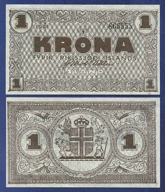 ICELAND 1 KRONUR 1941 PICK-22f BROWN ON WHITE PAPER EXTRA FINE