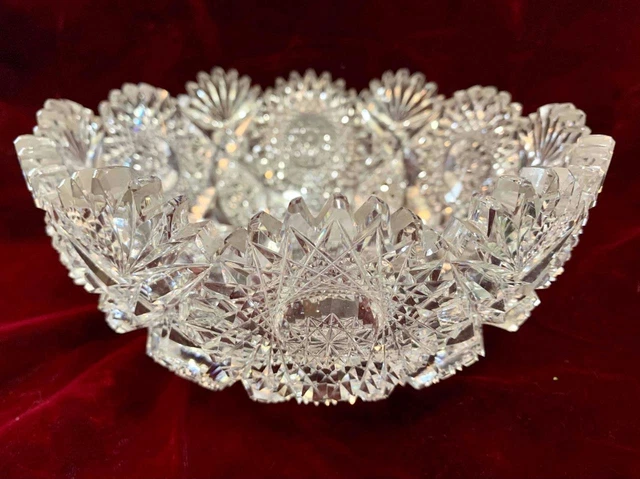 Vintage American Brilliant Cut Glass Crystal Bowl Sharp Latticework Radial Stars 3