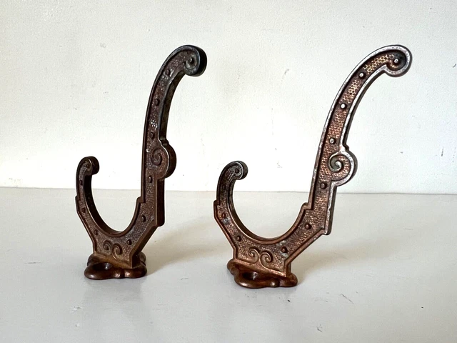 2 vintage Coat Hat Robe Hooks Copper Plate Cast Iron Hall 4"
