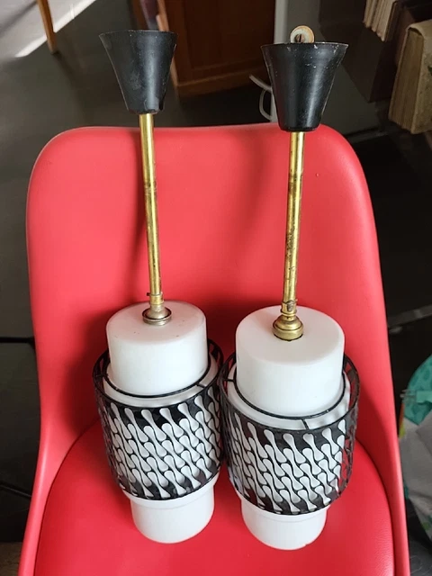 Paire Ancienne Suspension Abat Jour Lustre Opaline Blanche