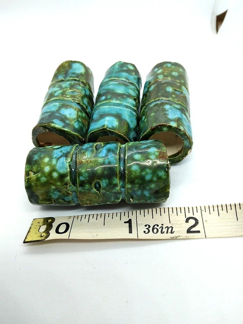 Vintage Macrame Beads Ceramic Hand Made Bead Speckled Blue and Green 5