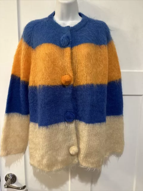 Vintage 60s Matsuya mohair cardigan colorblock blue orange cream pom poms  L