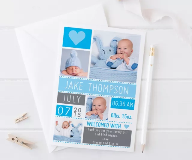 10 Personalised New Baby Thank You Cards / Announcement inc Envelopes + Photo