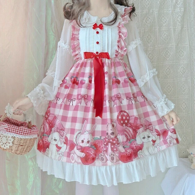 Donna Ragazza Lolita Abito Quadri Fragola Orso a Balze Cinturino Maniche Kawaii